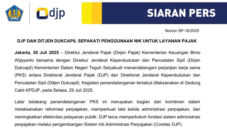 DJP DAN DITJEN DUKCAPIL SEPAKATI PENGGUNAAN NIK UNTUK LAYANAN PAJAK 