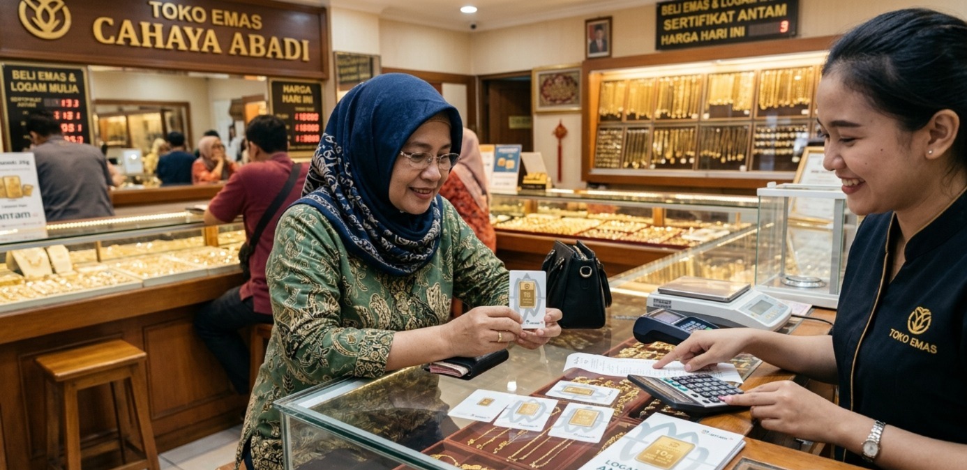 Konsumen membeli emas batangan di toko emas untuk investasi jangka panjang seiring penguatan harga emas dunia dan kebijakan perpajakan terbaru.