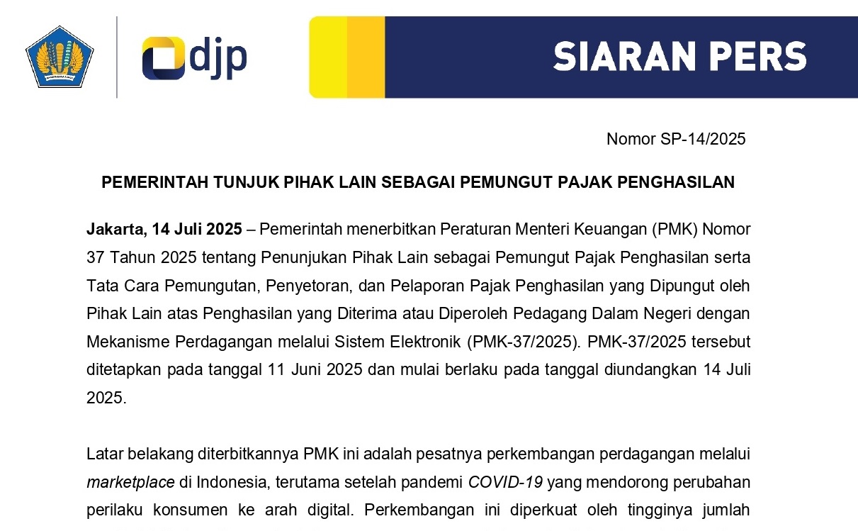 Siaran Pers : PEMERINTAH TUNJUK PIHAK LAIN SEBAGAI PEMUNGUT PAJAK PENGHASILAN