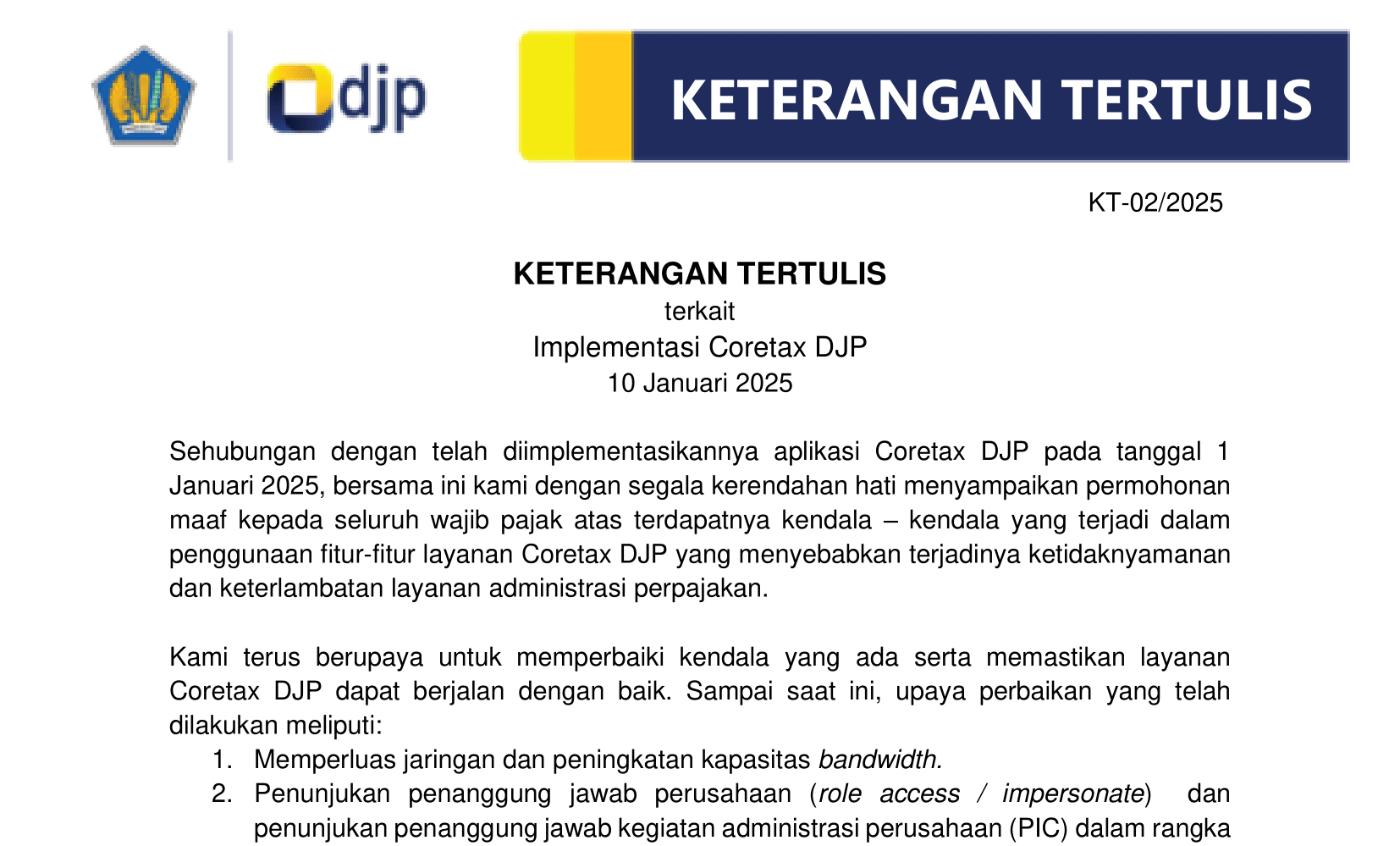 KT 2 2025 Keterangan Tertulis terkait Implementasi Coretax DJP