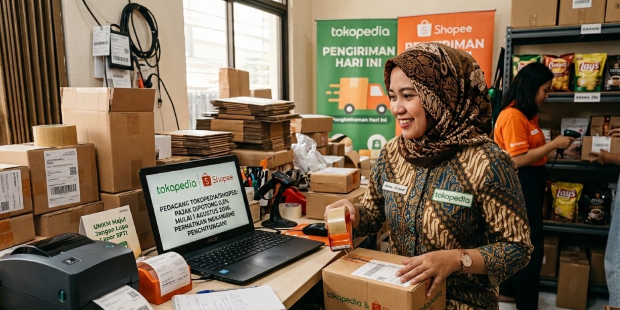 Ilustrasi pajak marketplace: PPh Pasal 22 sebesar 0,5% untuk pedagang online Tokopedia, Shopee, Lazada, dan Blibli mulai 1 Agustus 2026 berdasarkan PP 20 Tahun 2026 dan PMK 37 Tahun 2025.