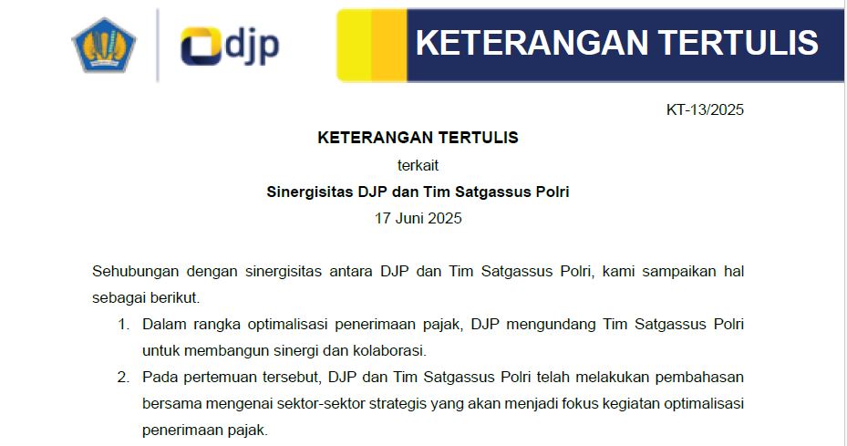 Tangkapan layar dokumen KT-13/2025 – Keterangan Tertulis DJP tentang sinergi dengan Tim Satgassus Polri tertanggal 17 Juni 2025.